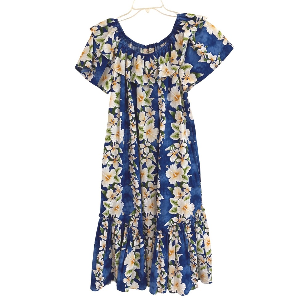 Royal Hawaiian Creations Blue Floral Muumuu Dress Hibiscus Plumeria Cotton M